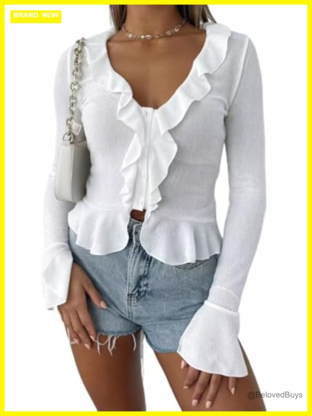 Women's Polyester Deep V Neck Bell Sleeve Button Down Ruffle Crop Blouse